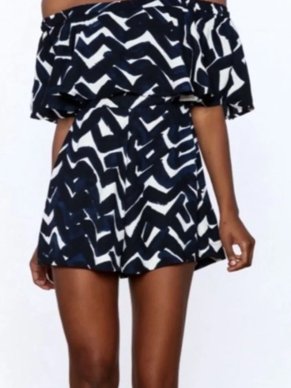 Flying Tomato Off The Shoulder Romper Sz L Abstract Blue Black Ruffled Elastic - Picture 1 of 9